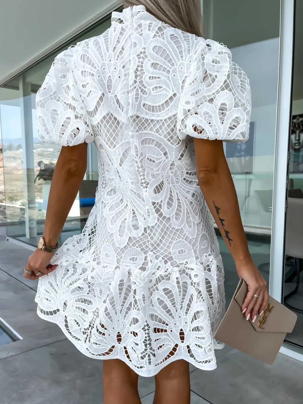 Lace Mock Neck Puff Sleeve Dress, image 8