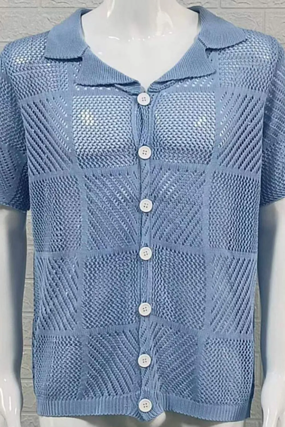 Men's Button Down Checkered Eyelet Shirt, image 7