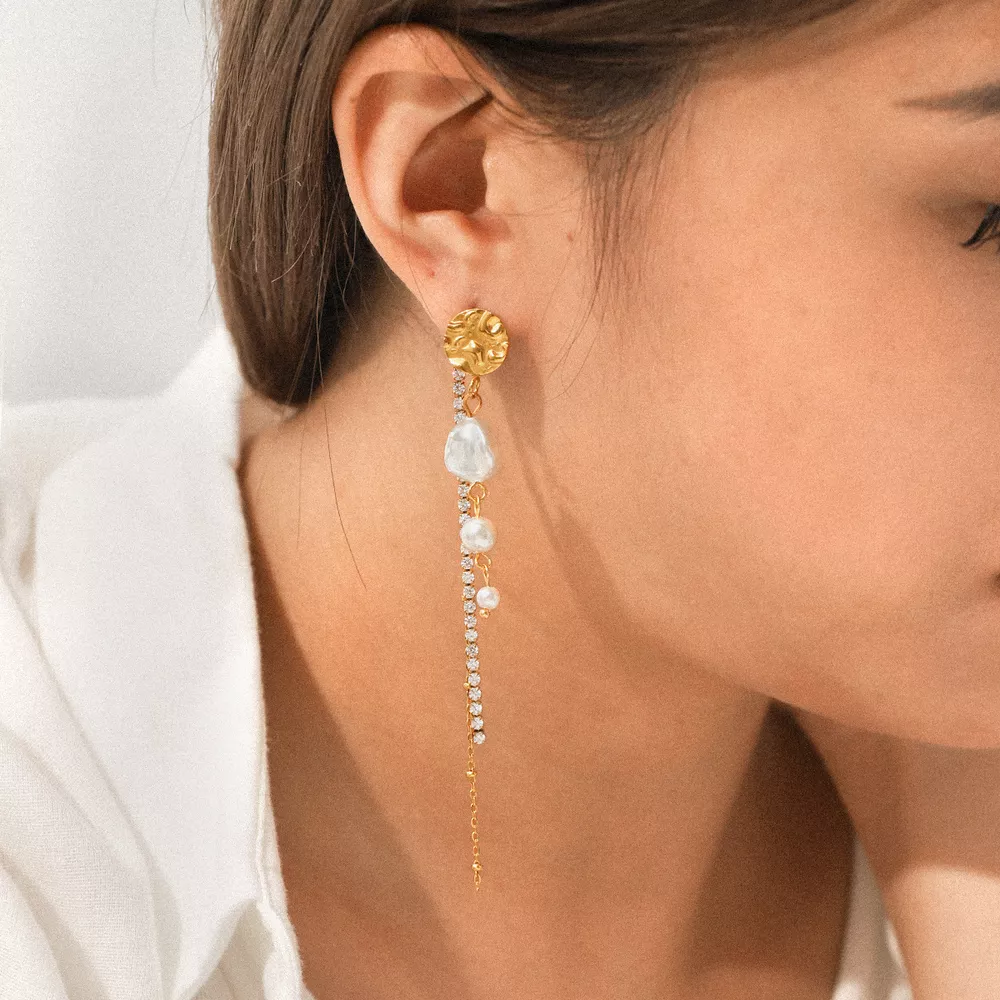 18K Gold-Plated Zircon Pearl Chain Earrings, image 7