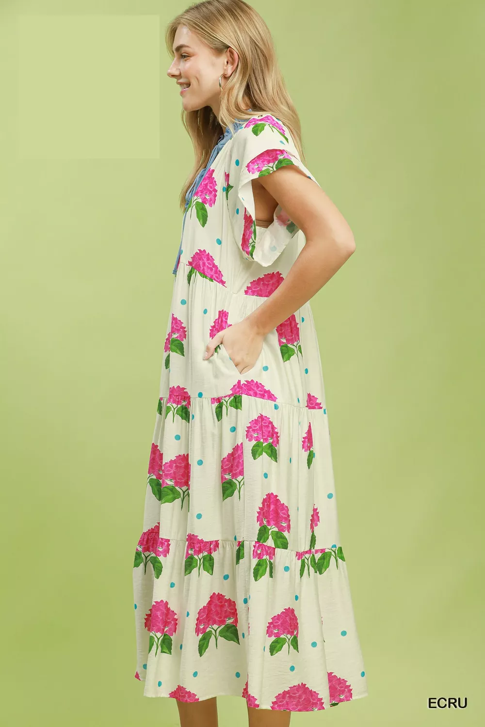 Hydrangea Print Tiered Midi Dress, image 3