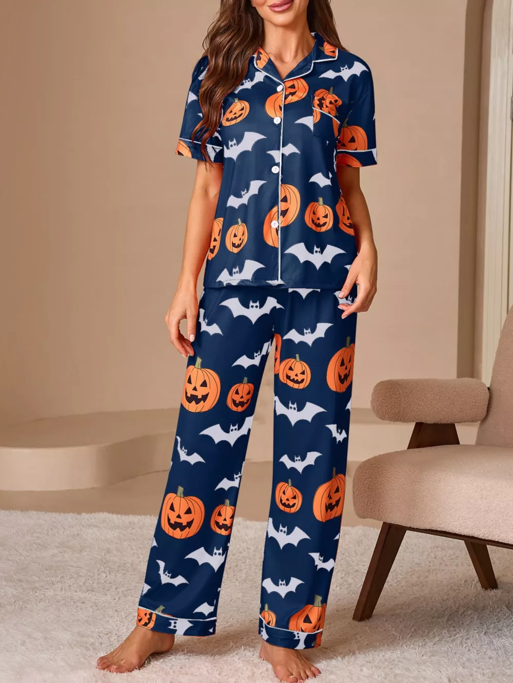 Halloween Pumpkin and Bat Print Button-Down Top and Pants Lounge Set, image 3