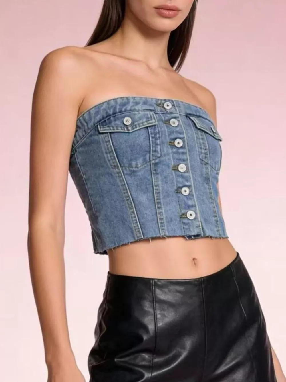 Button-Front Strapless Denim Top, image 3