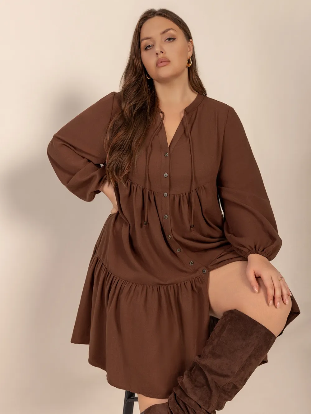 Plus Size Tie Neck Balloon Sleeve Tiered Dress, image 4