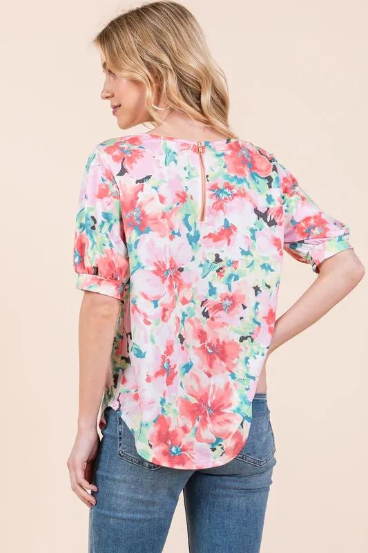 Floral Round Neck Puff Sleeve Top, image 3