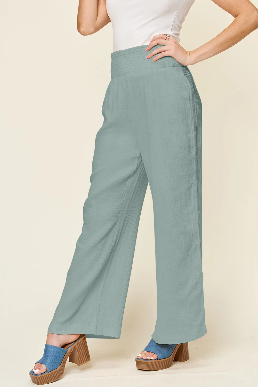 Full Size Texture Smocked Waist Wide Leg Pants, image 11