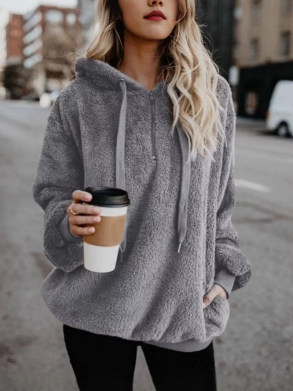 Full Size Half Zip Drawstring Fleece Hoodie Plus Size, image 11