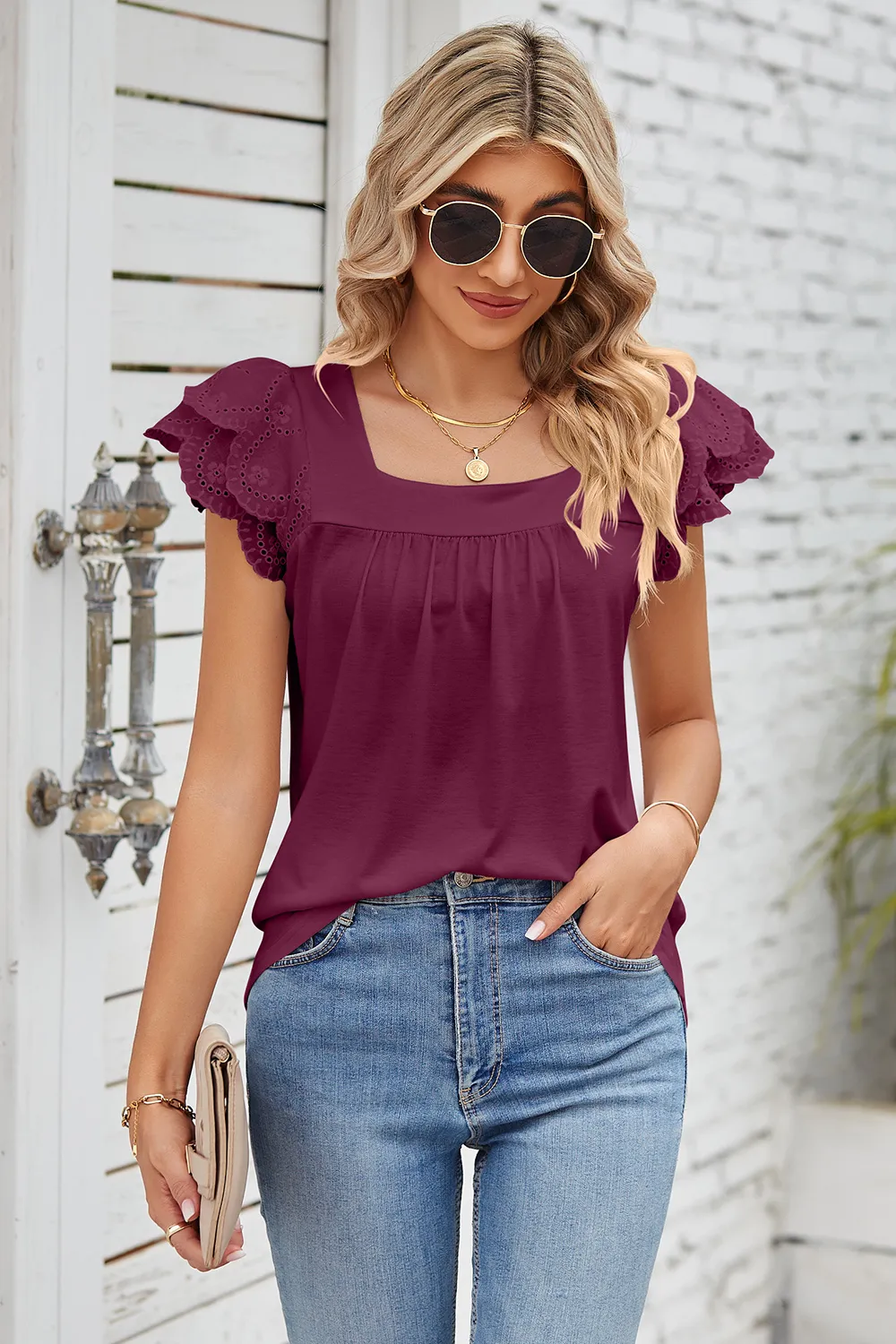 Eyelet Square Neck Cap Sleeve Blouse, image 22