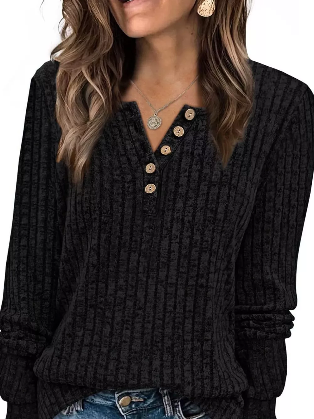 Ribbed Knit Button-Front Long Sleeve T-Shirt, image 6