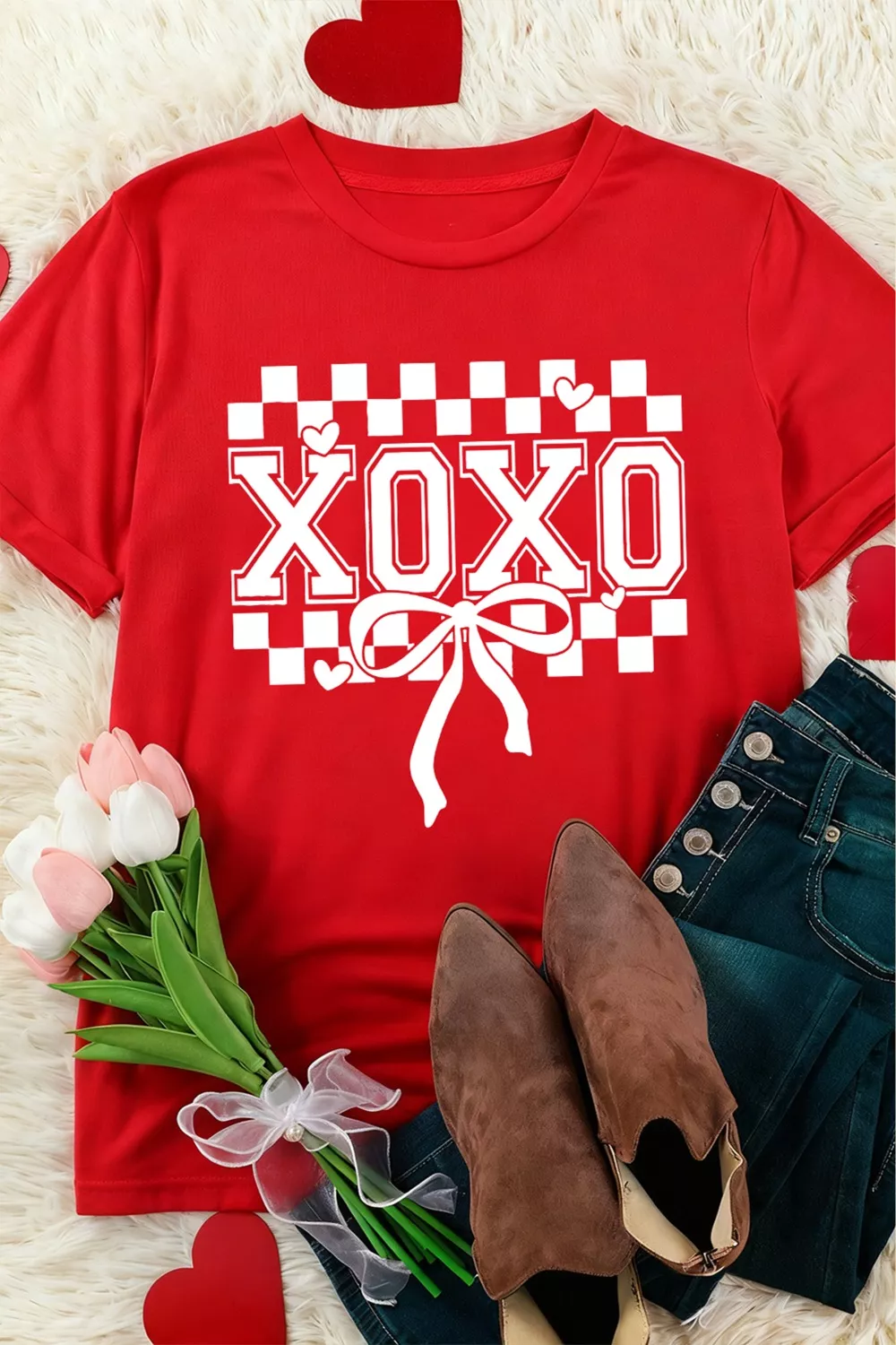 XOXO Checkered Ribbon Bow Print Valentines Day T Shirt, image 4