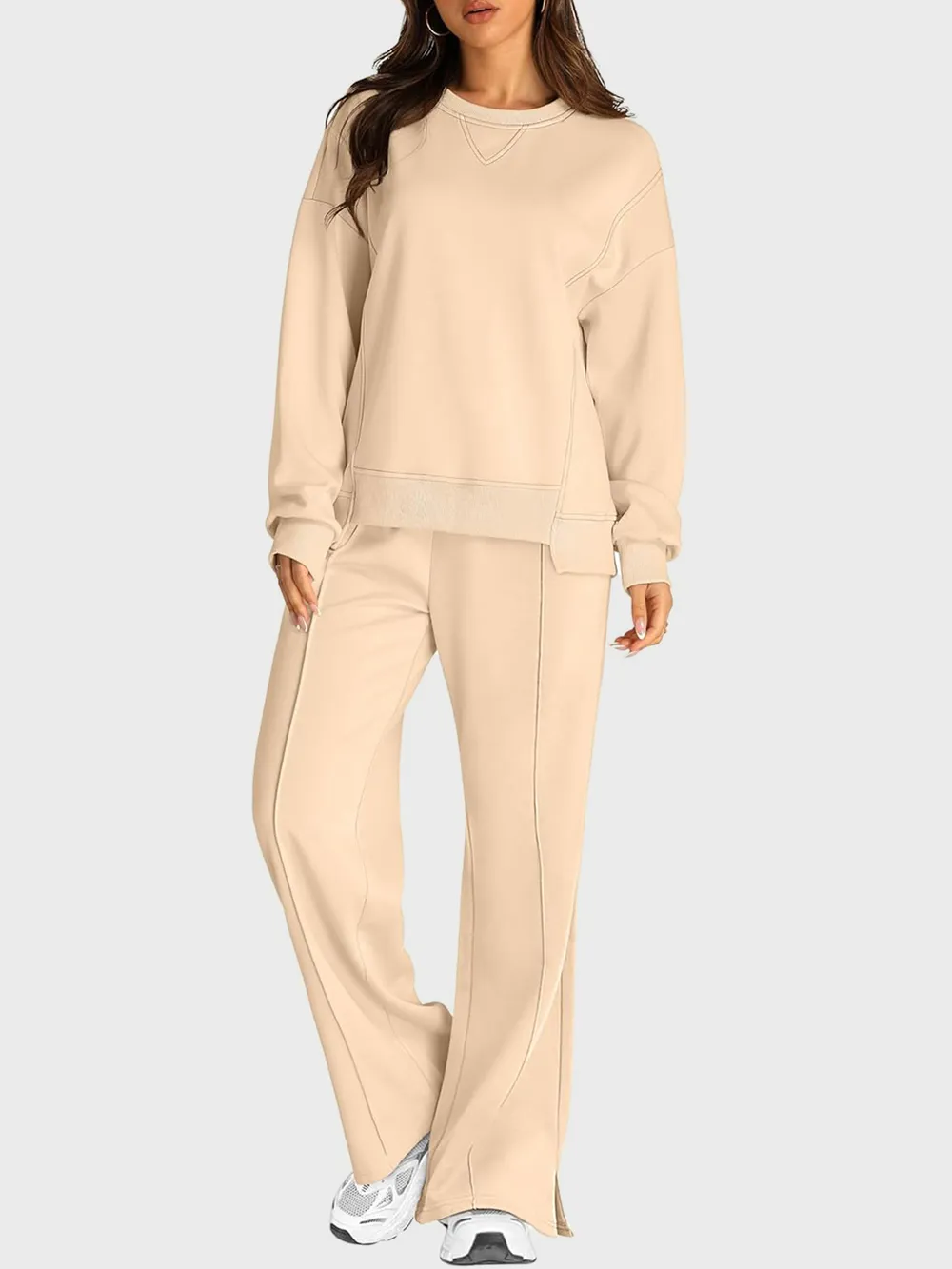 Round Neck Long Sleeve Top and Slit Pants Set, image 12