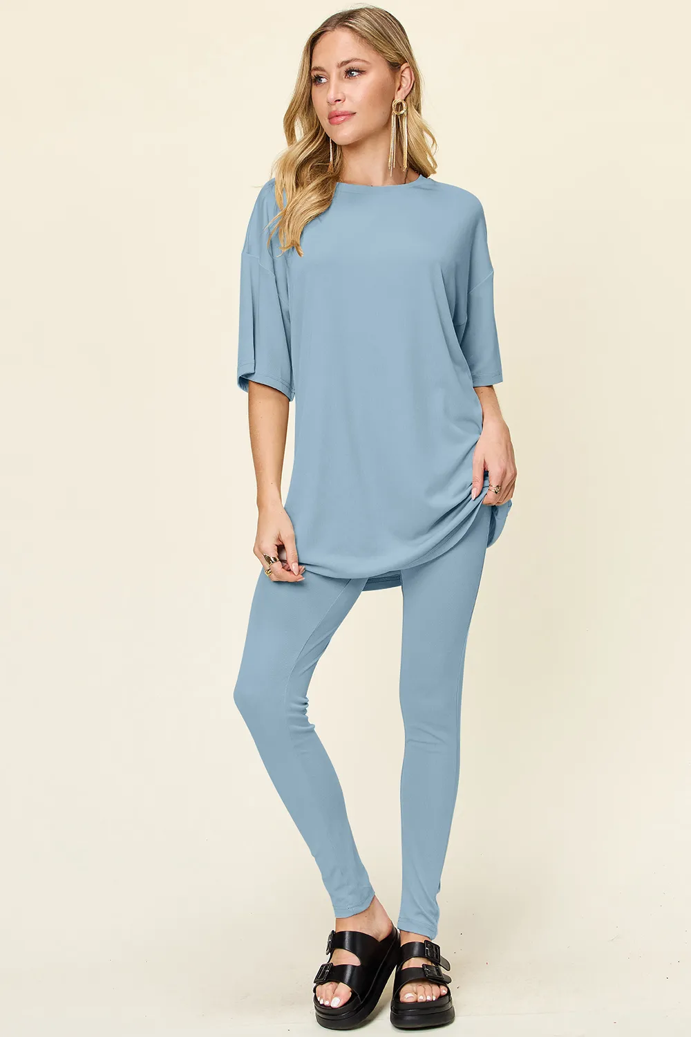 Full Size Round Neck Dropped Shoulder T-Shirt and Leggings Set
