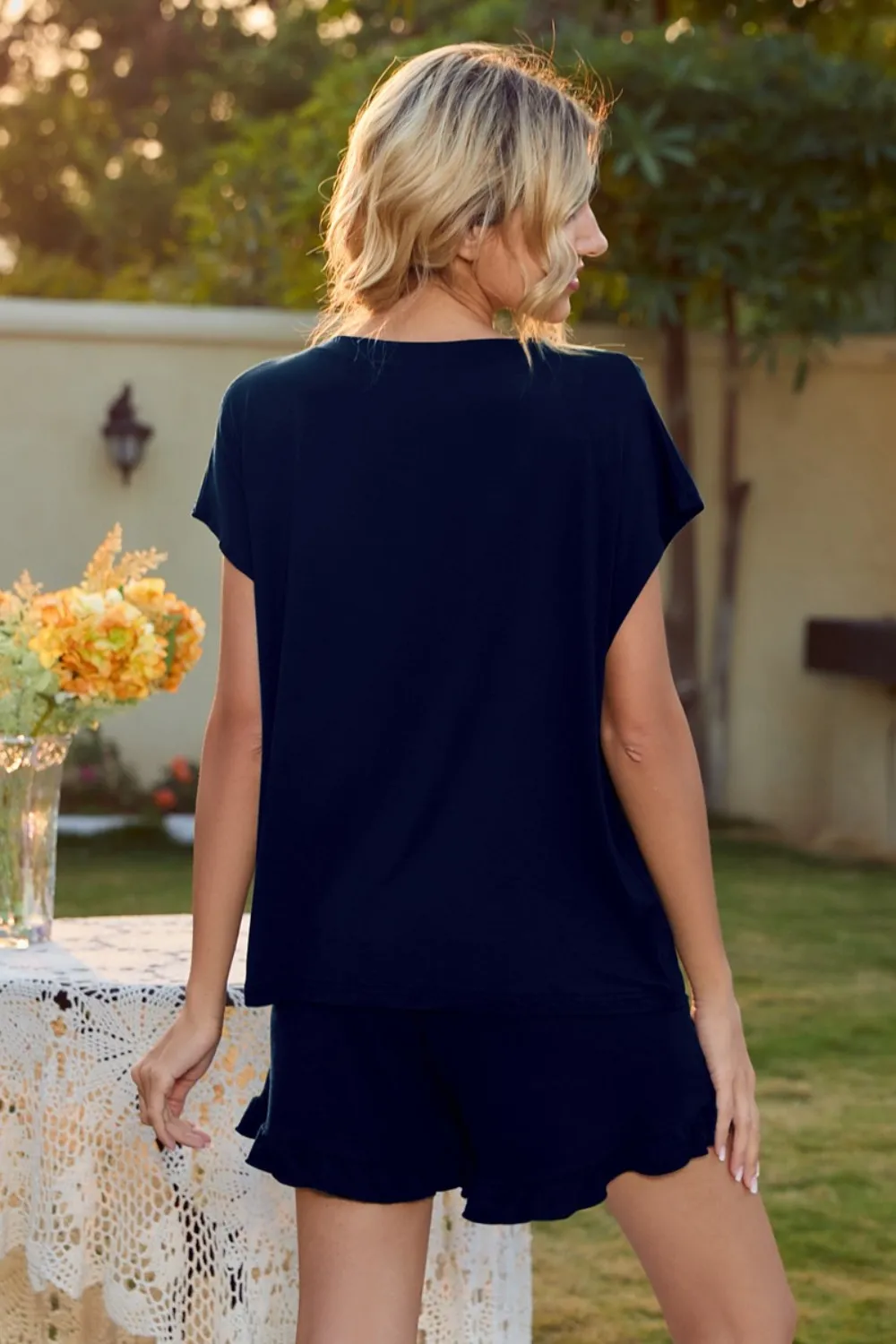 Round Neck Short Sleeve T-Shirt and Drawstring Shorts Lounge Set, image 6