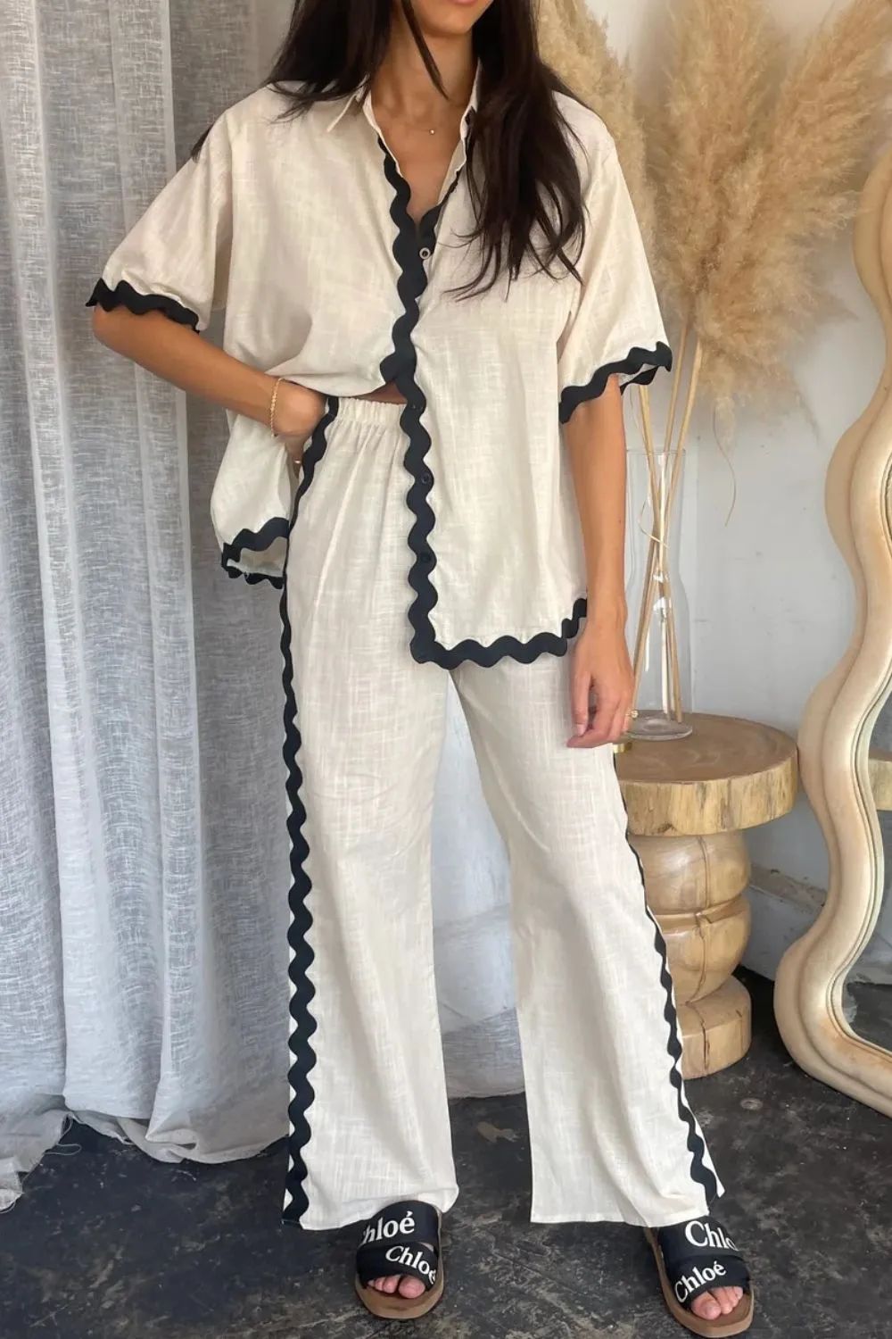 Contrast Trim Half Sleeve Top and Pants Set, image 3