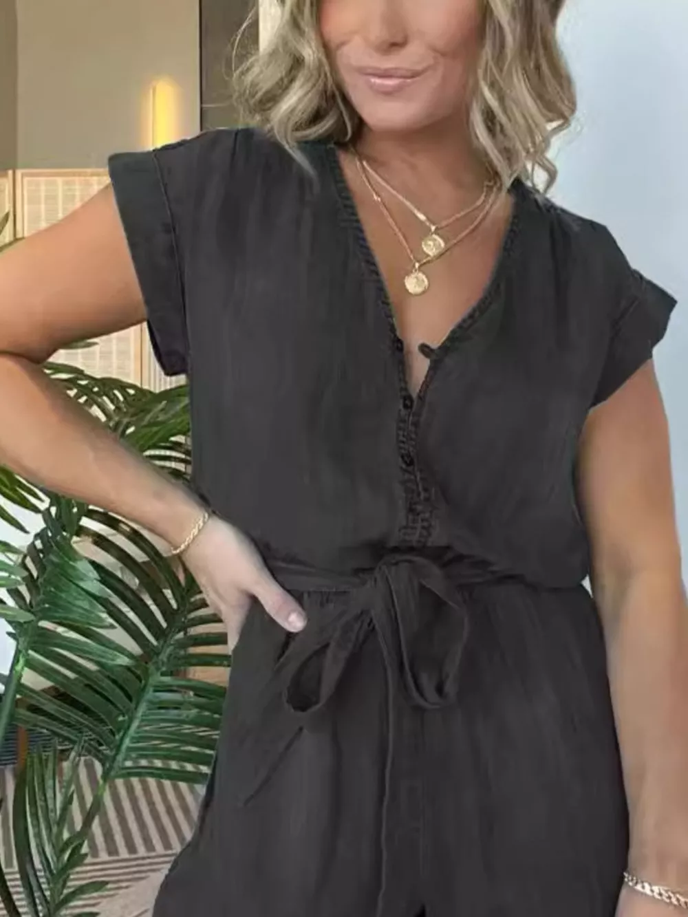 Full Size Tie Waist Cap Sleeve Romper Plus Size, image 9