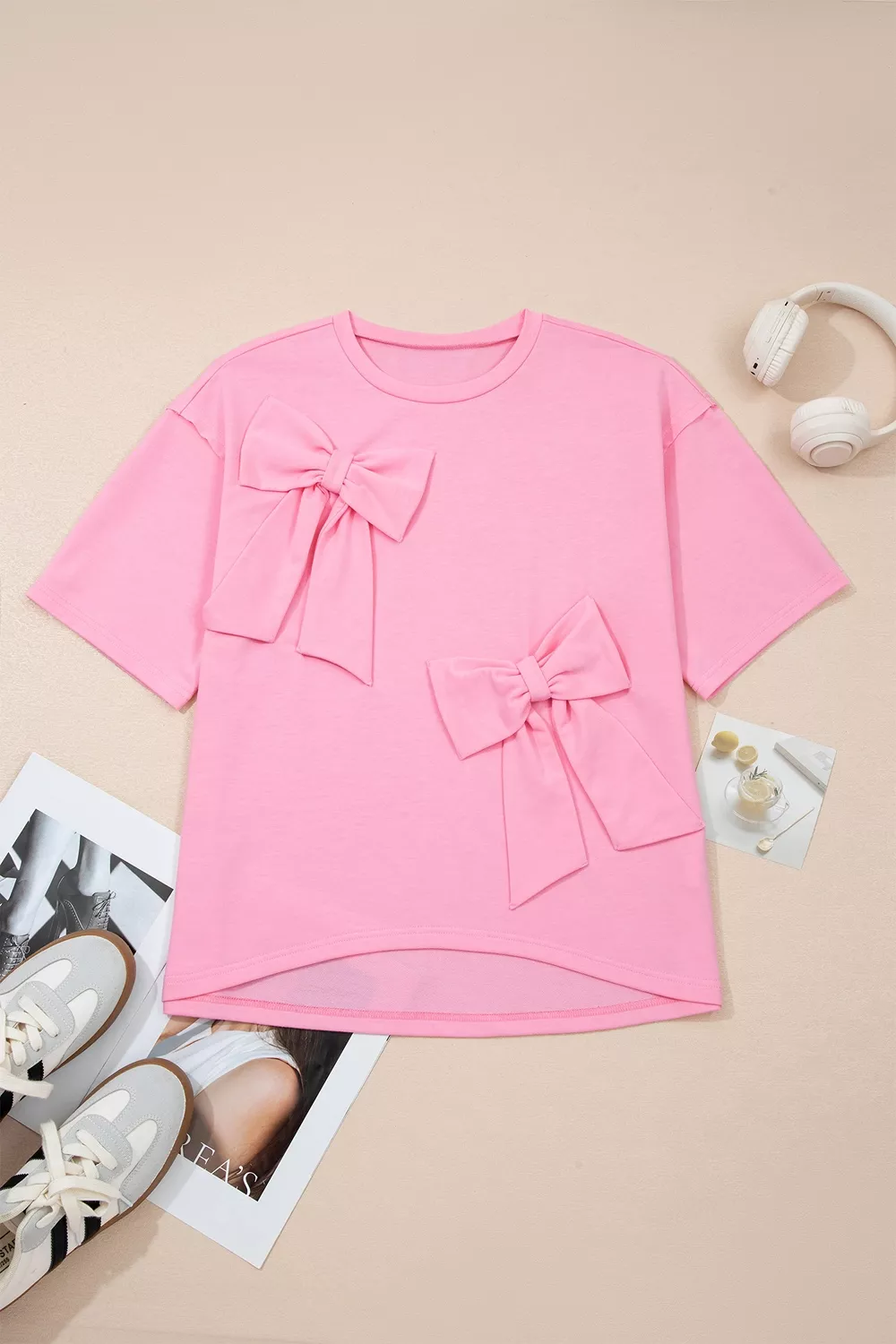 Solid Color Raw Edge Bow Patch Loose T Shirt, image 3