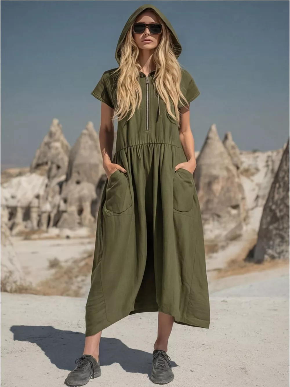 Full Size Hooded Midi Dress with Zipper and Pockets Plus Size, image 6