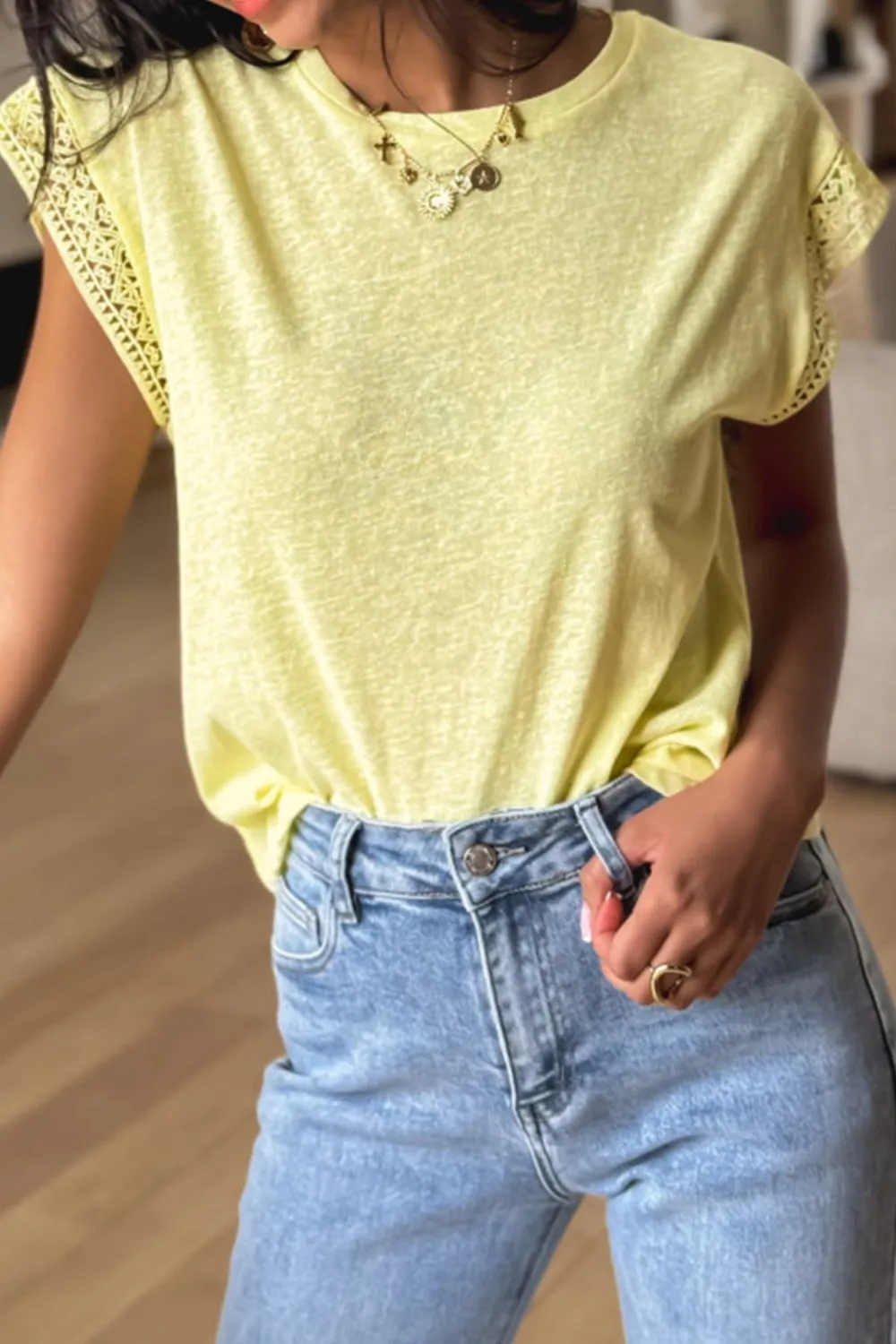 Lace Patchwork Cap Sleeve Round Neck T Shirt, image 10