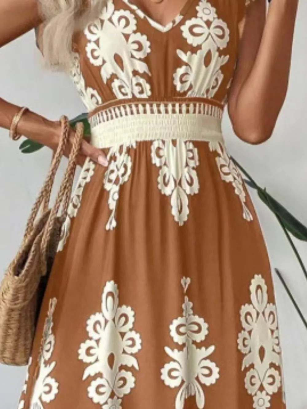Printed V-Neck Ruffled Cap Sleeve Dress, image 4