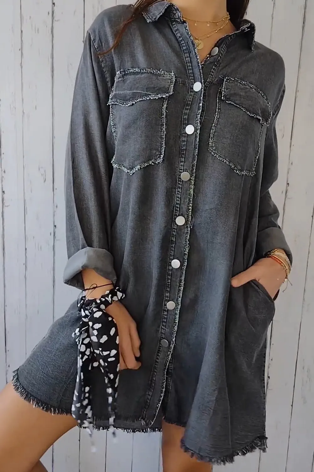 Full Size Pocketed Button Up Long Sleeve Denim Jacket, image 6