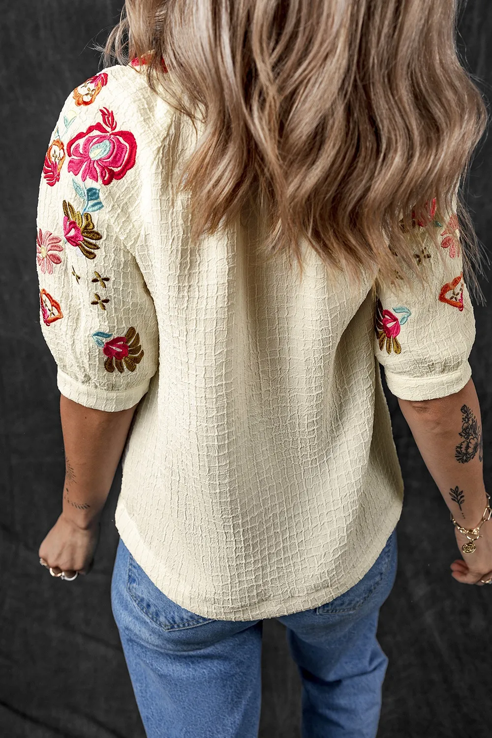 Floral Embroidered Notched Puff Sleeve Blouse, image 10