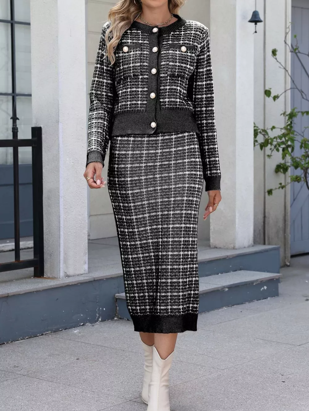 Plaid Knit Cardigan and Midi Skirt Sweater Set