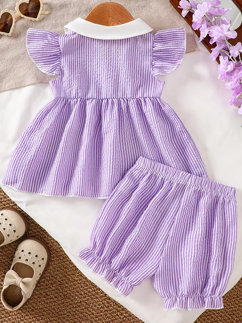 Children's Striped Ruffle Sleeve Top and Shorts Set, image 7