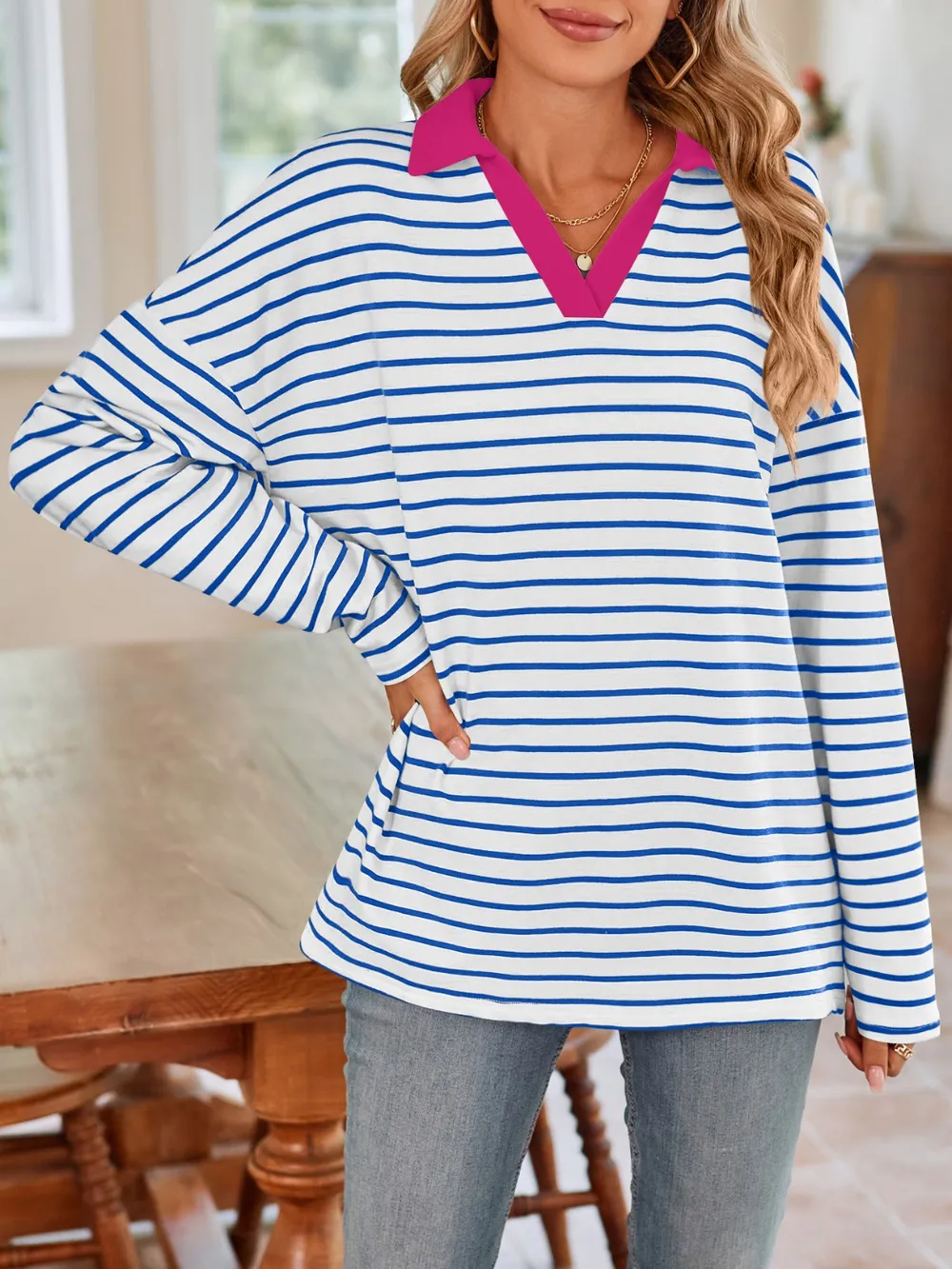 Striped Johnny Collar Long Sleeve T-Shirt, image 5