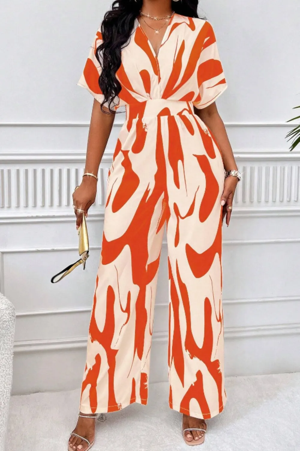 Printed V-Neck Short Sleeve Wide Leg Jumpsuit, image 5