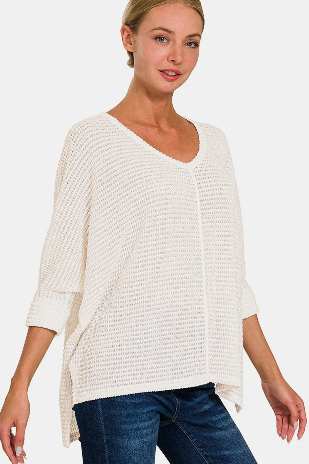 Full Size Round Neck High-Low Slit Knit Top, image 2