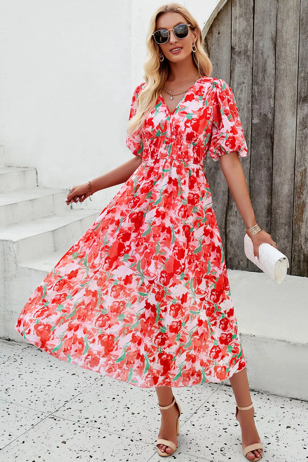 Smocked Printed V-Neck Short Sleeve Dress, image 2