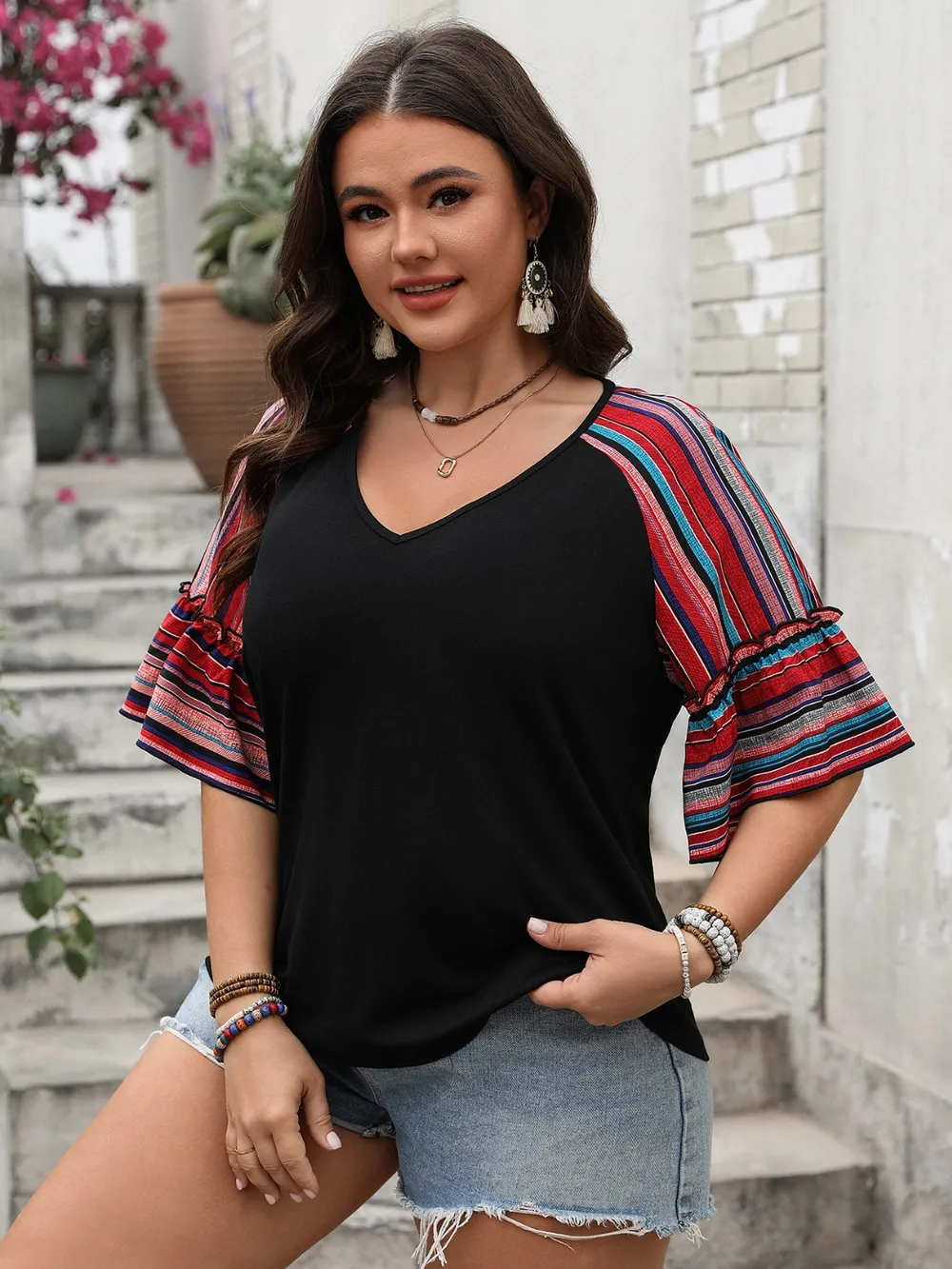 Plus Size V-Neck Flounce Sleeve Top, image 3