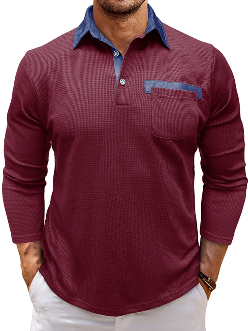 Men's Contrast Collar Long Sleeve Casual Polo Shirt, image 10