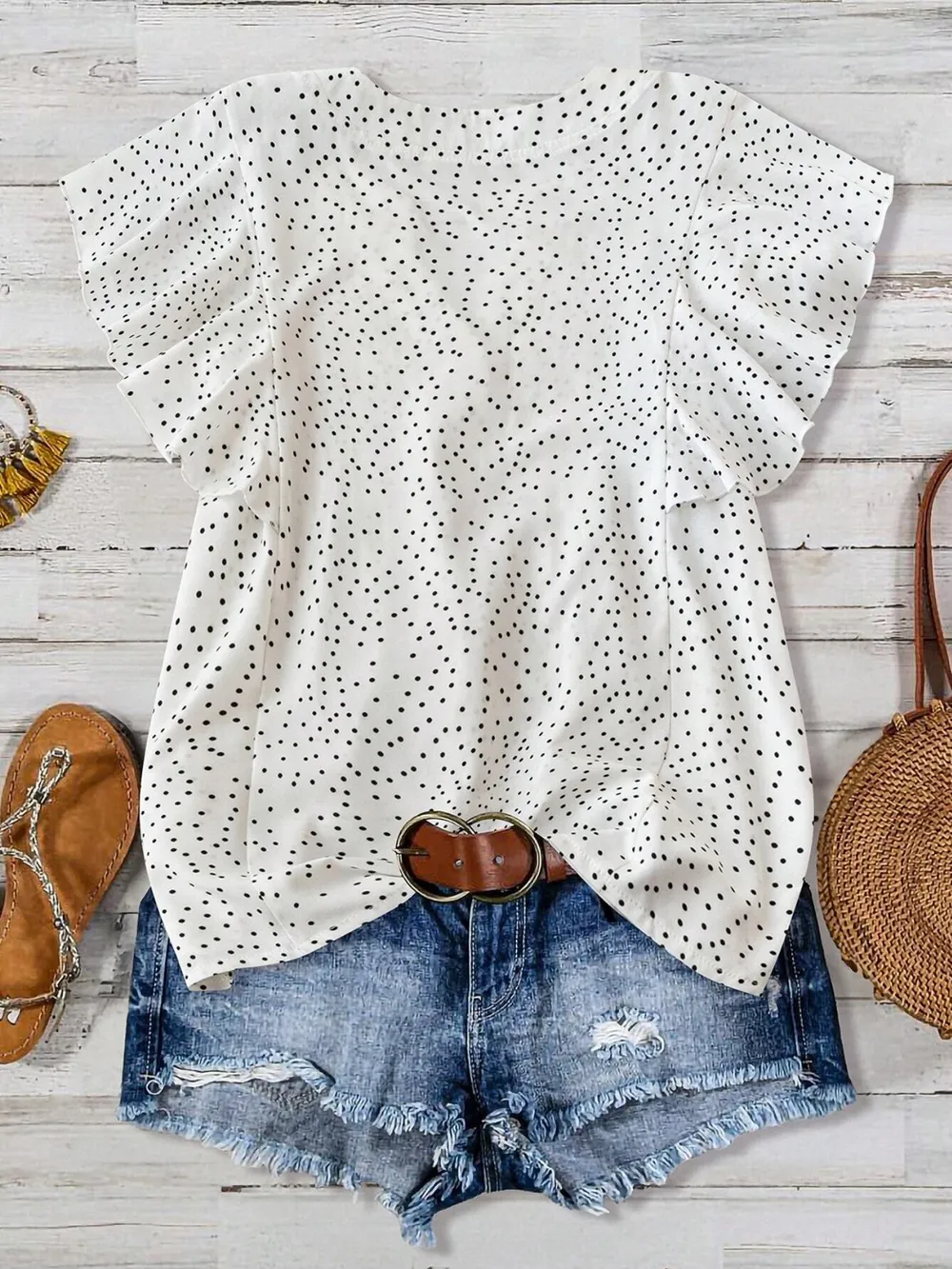 Polka Dot Notched Ruffled Cap Sleeve Blouse, image 11