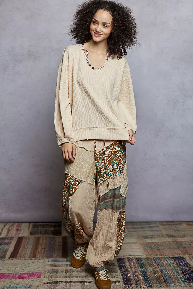 Balloon Sleeve Oversized Ribbed Top with Floral Pattern Contrast, image 4