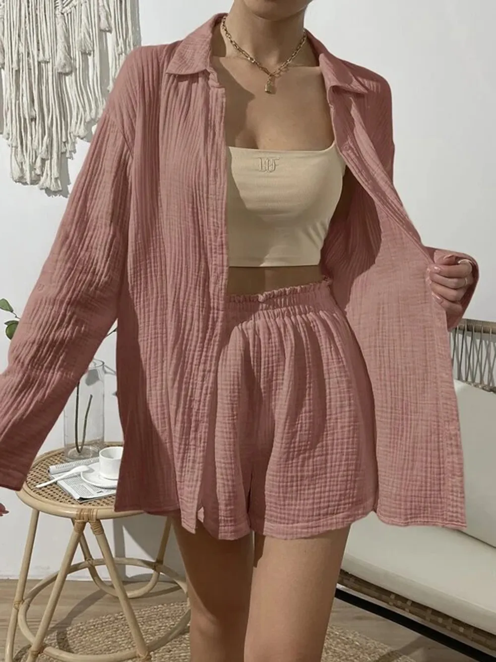 Dropped Shoulder Button Up Top and Elastic Waist Shorts Set, image 22
