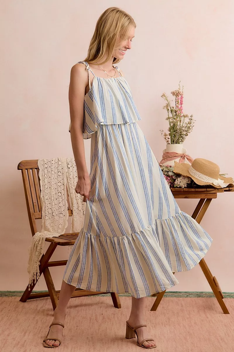 Stripe Tiered Shoulder Tie Midi Lined Dress, image 17
