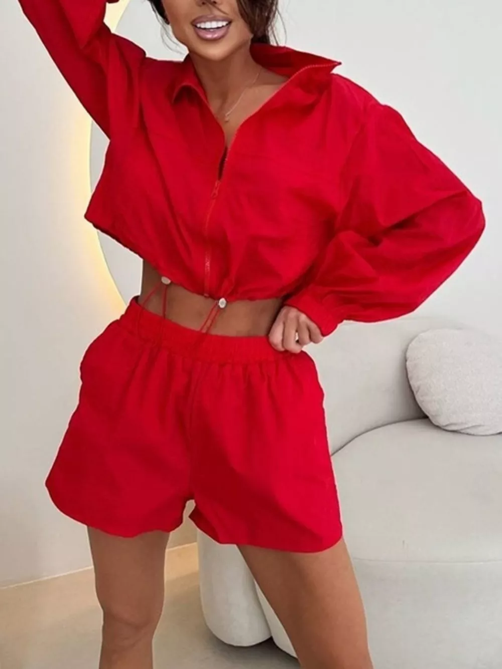 Zip-Up Crop Jacket and High-Waisted Shorts Set, image 3