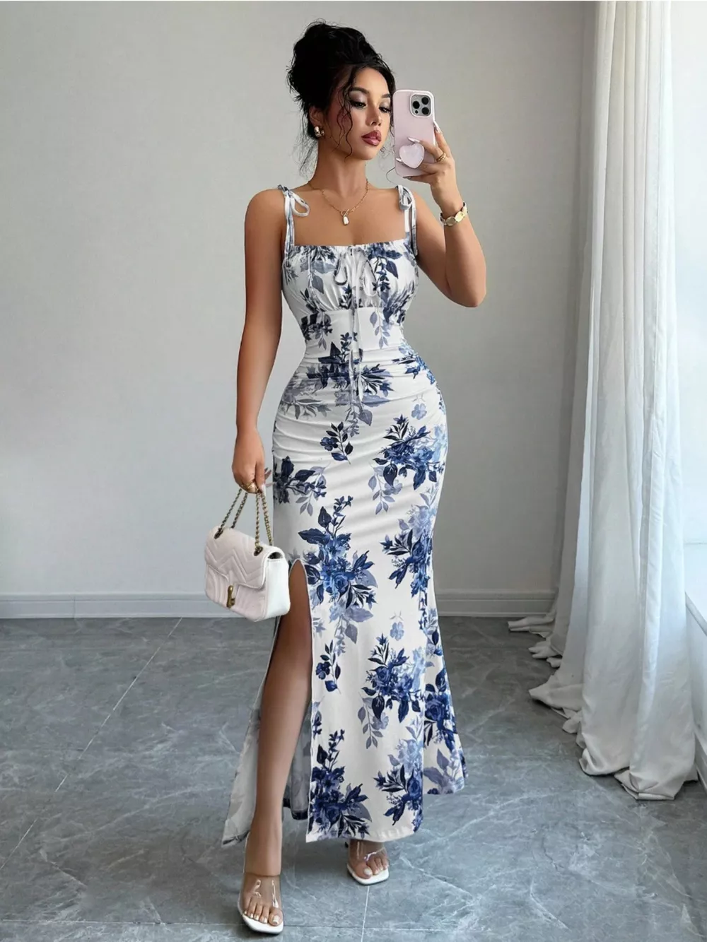 Printed Tie Strap Slit Maxi Dress, image 14
