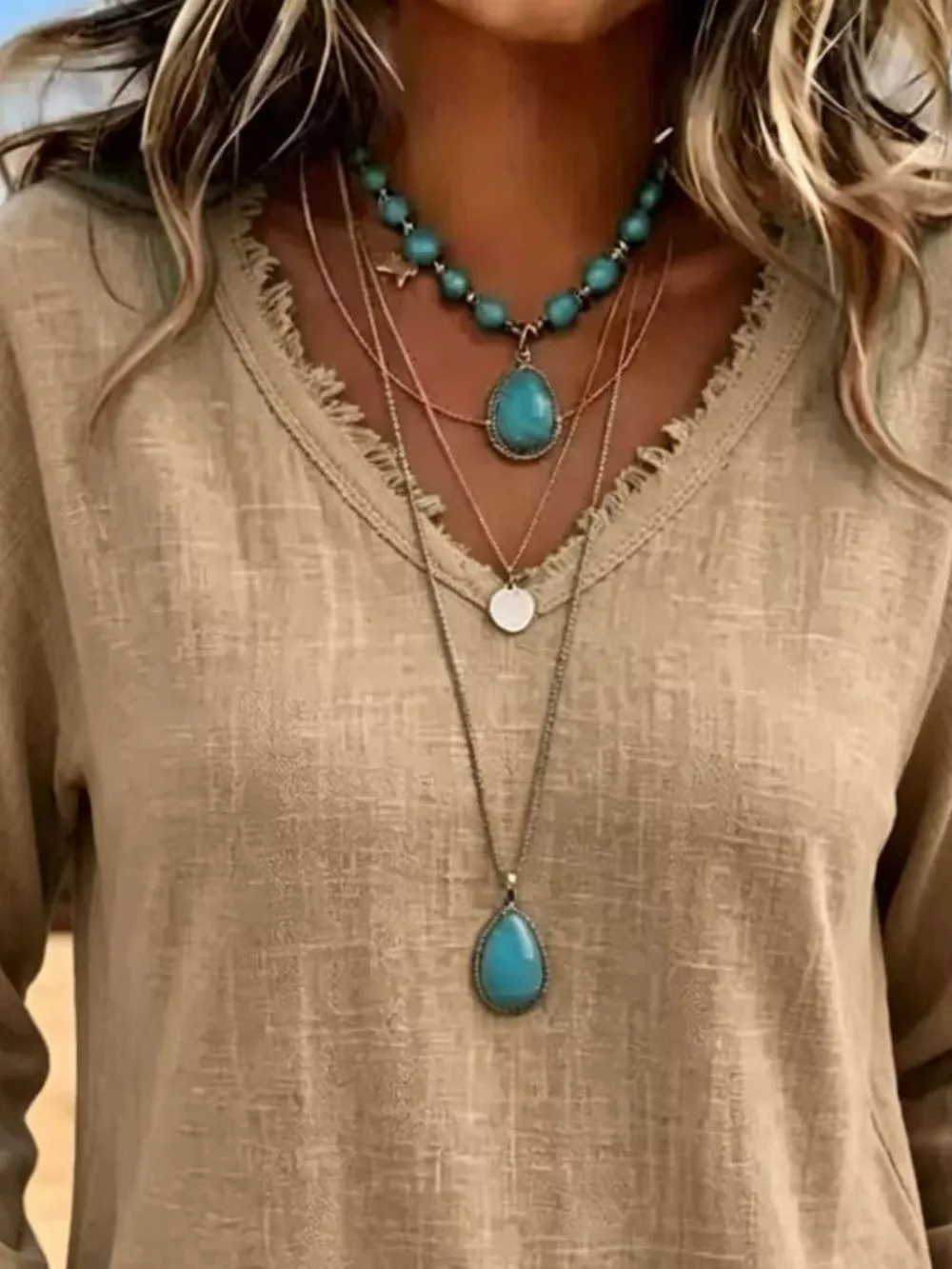 V-Neck Frayed Hem Long Sleeve T-Shirt, image 2
