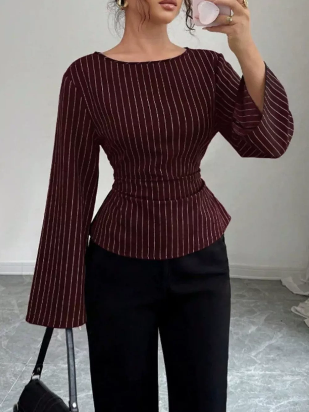 Elegant Pinstriped Bell Sleeve Blouse with Back Lace Up, image 13
