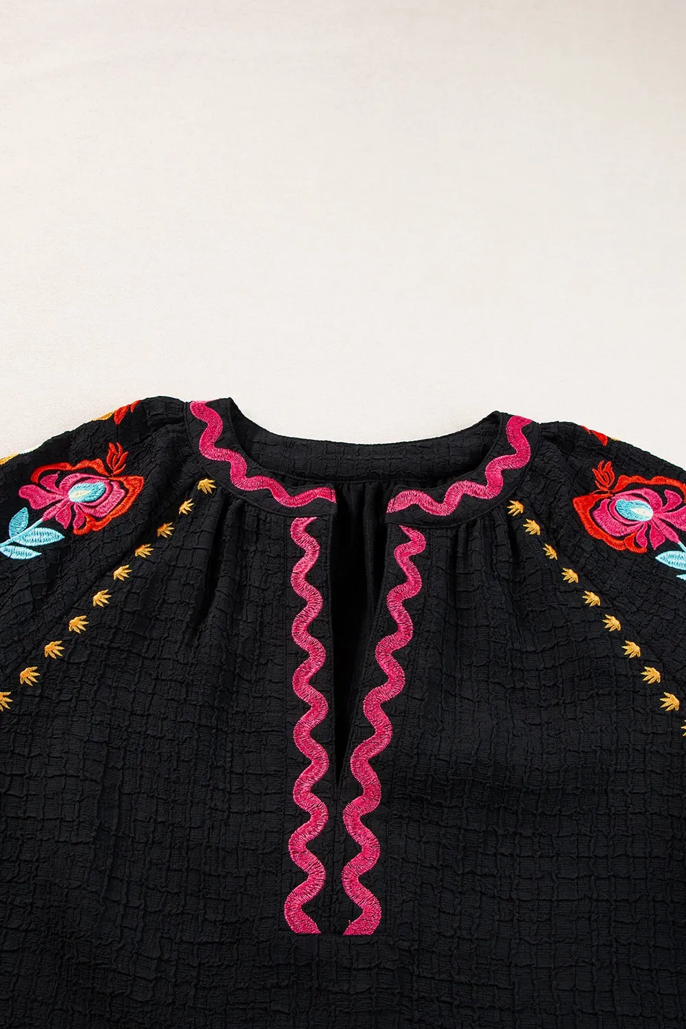 Floral Embroidered Notched Puff Sleeve Blouse, image 11