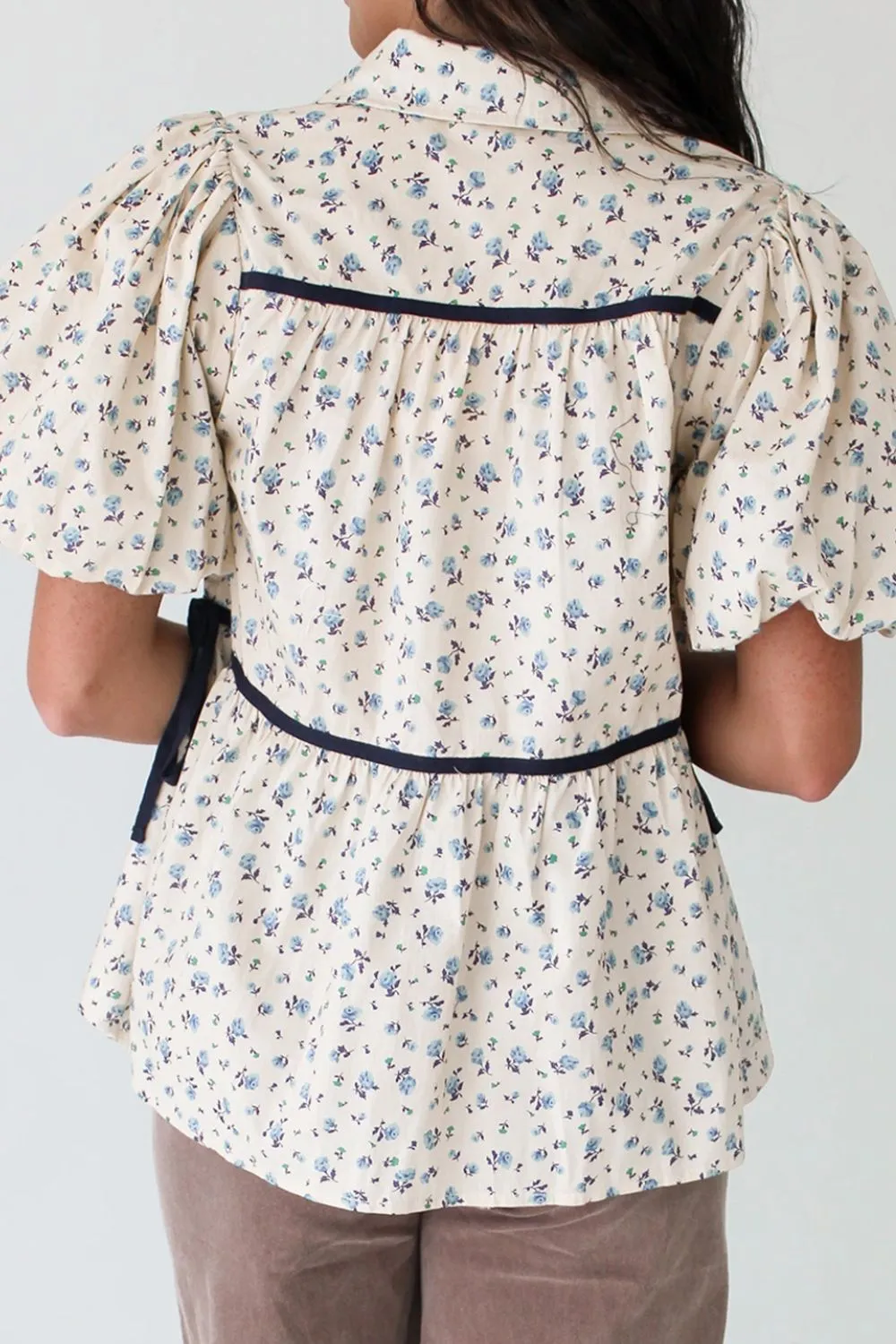 Contrast Trim Floral Puff Short Sleeve Shirt, image 4