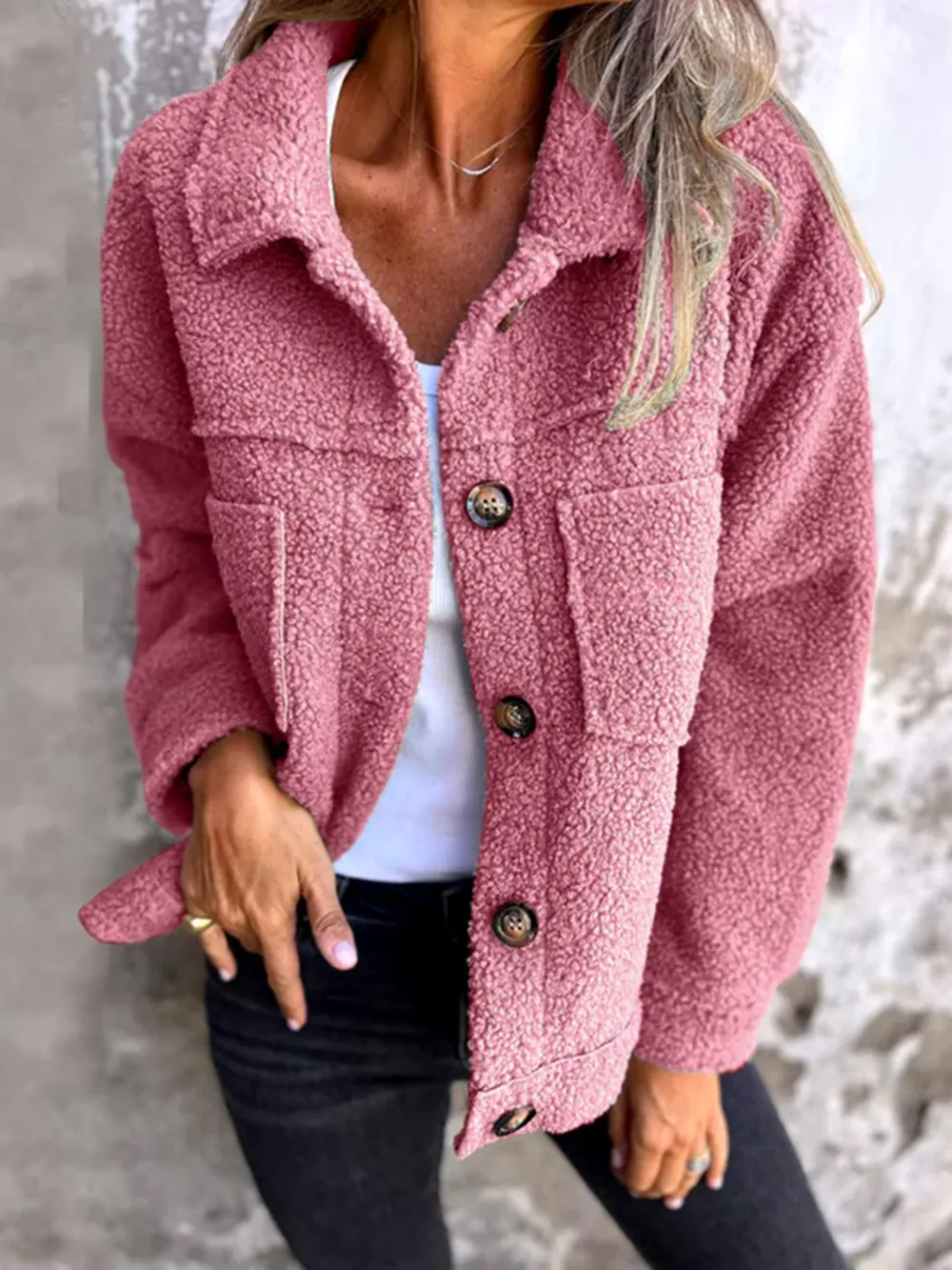 Full Size Fuzzy Button Up Drop Shoulder Jacket, image 8
