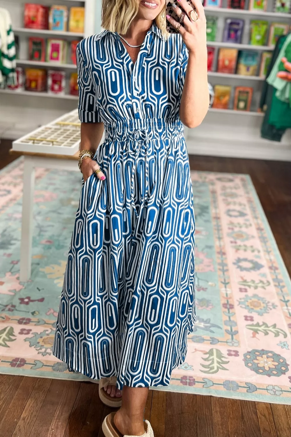 Geometric Print Short Sleeve Drawstring Shirt Collar Dress, image 2