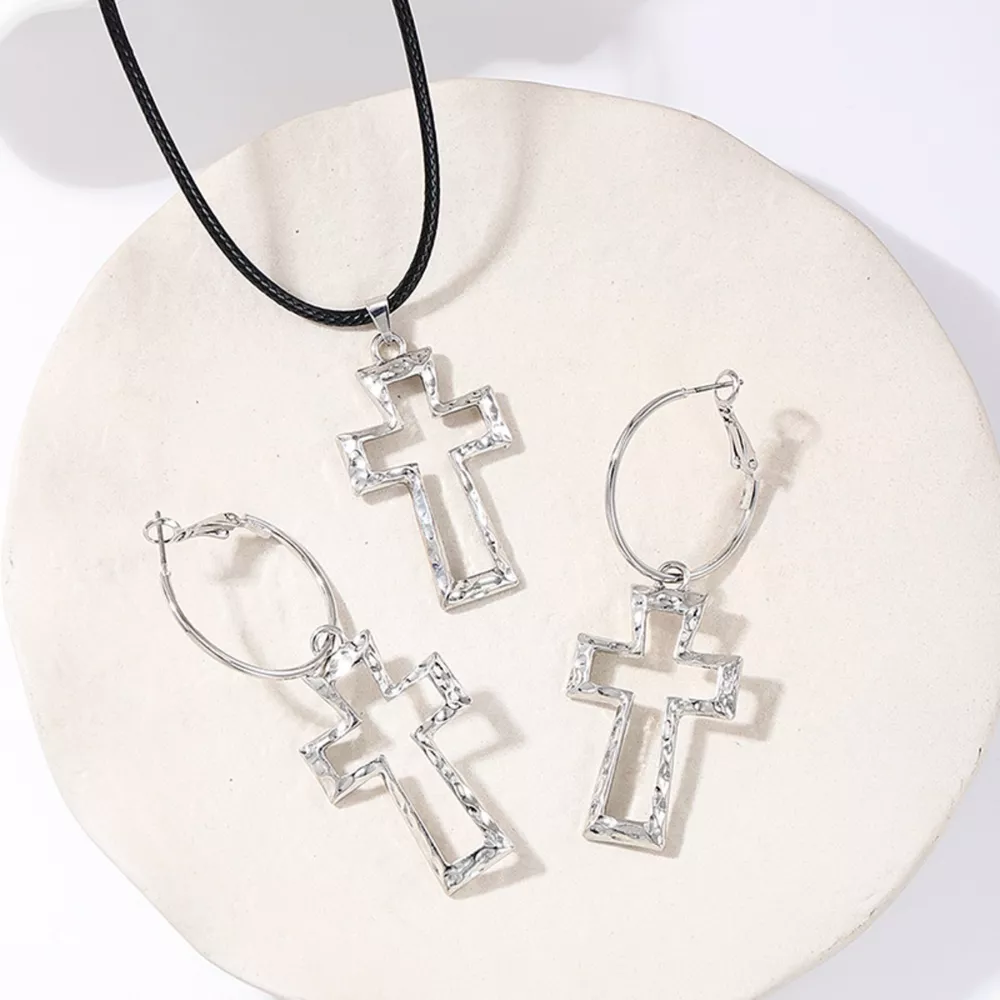 Cross Pendant Necklace & Hoop Earrings Jewelry Set, image 4