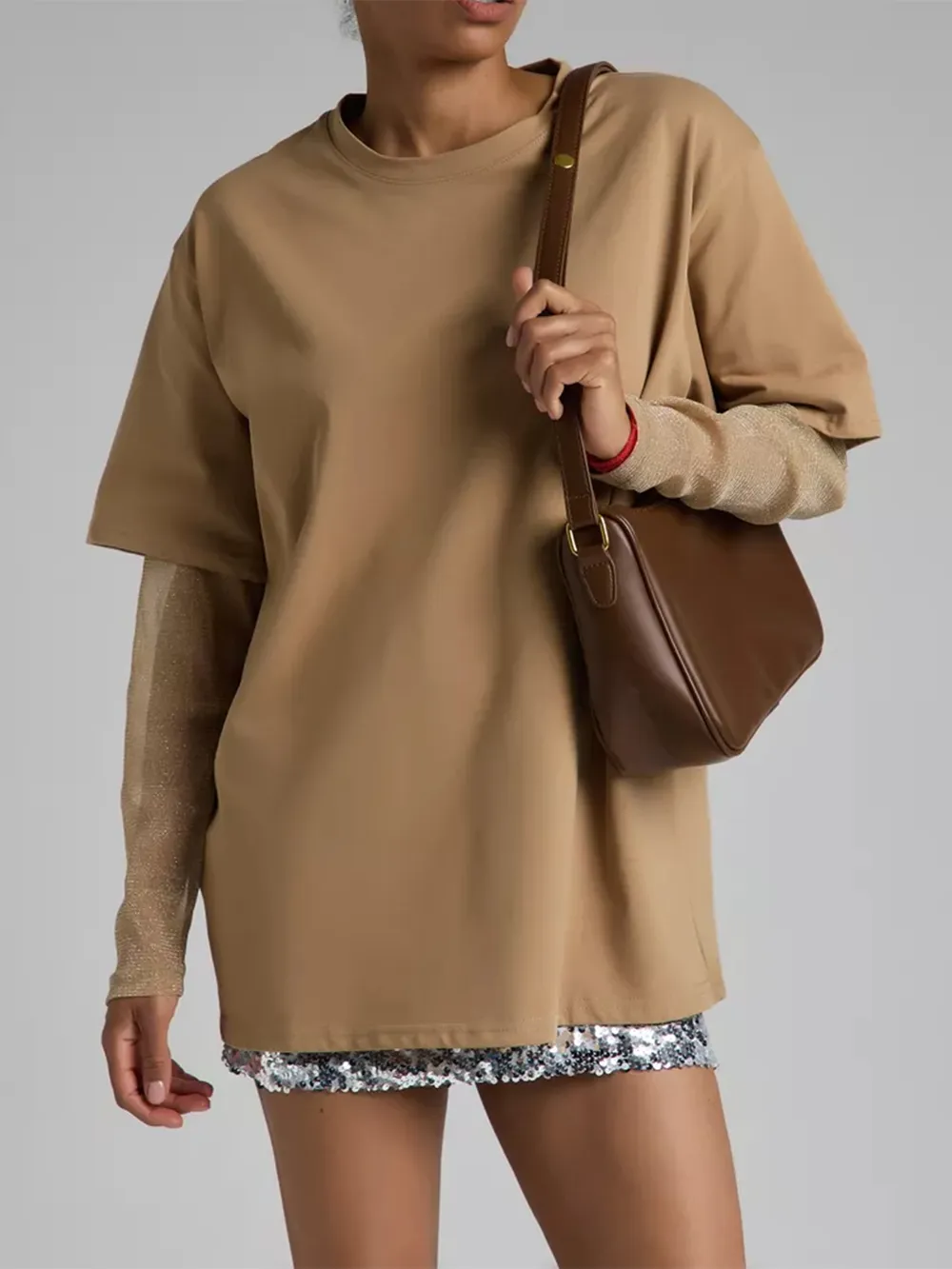 Faux Layered Round Neck Mesh Sleeve Top, image 13