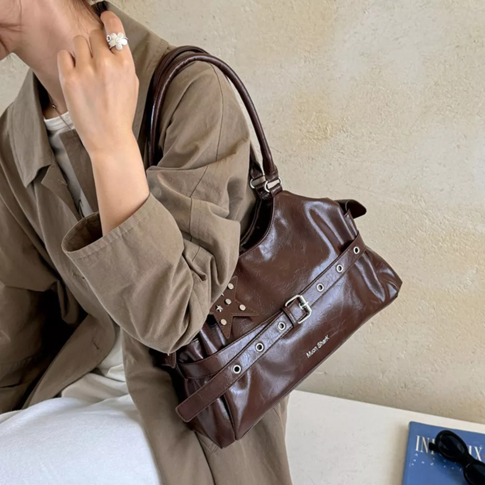 Buckle Detail Leather Shoulder Bag, image 6