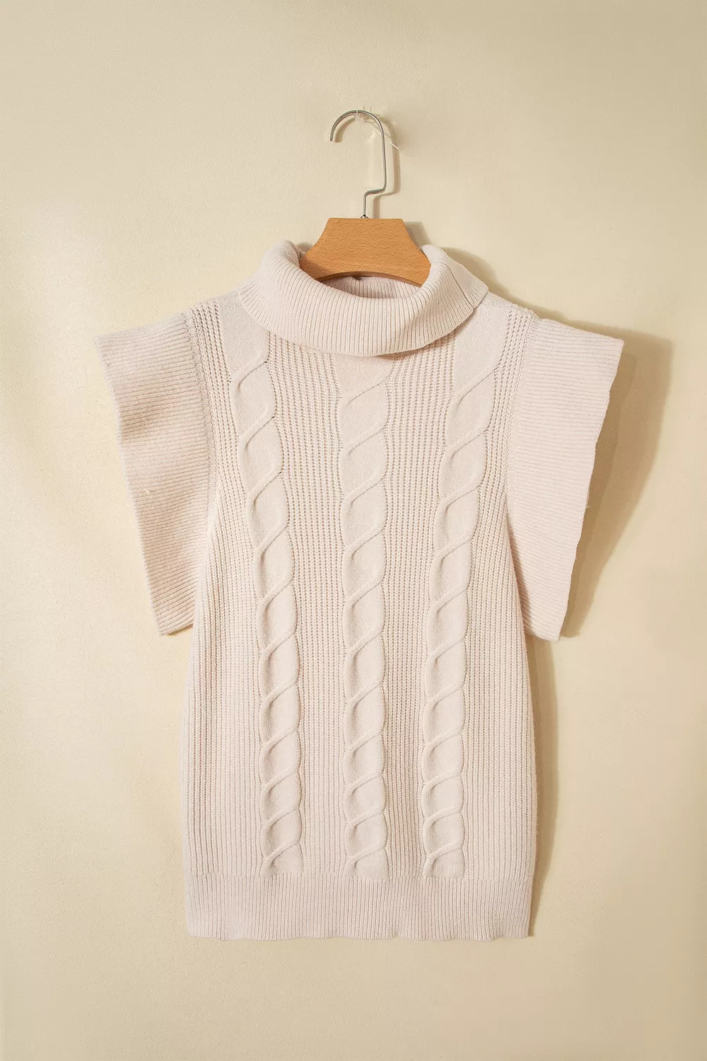 Cable Knit Turtleneck Ruffled Short Sleeve Sweater, image 16