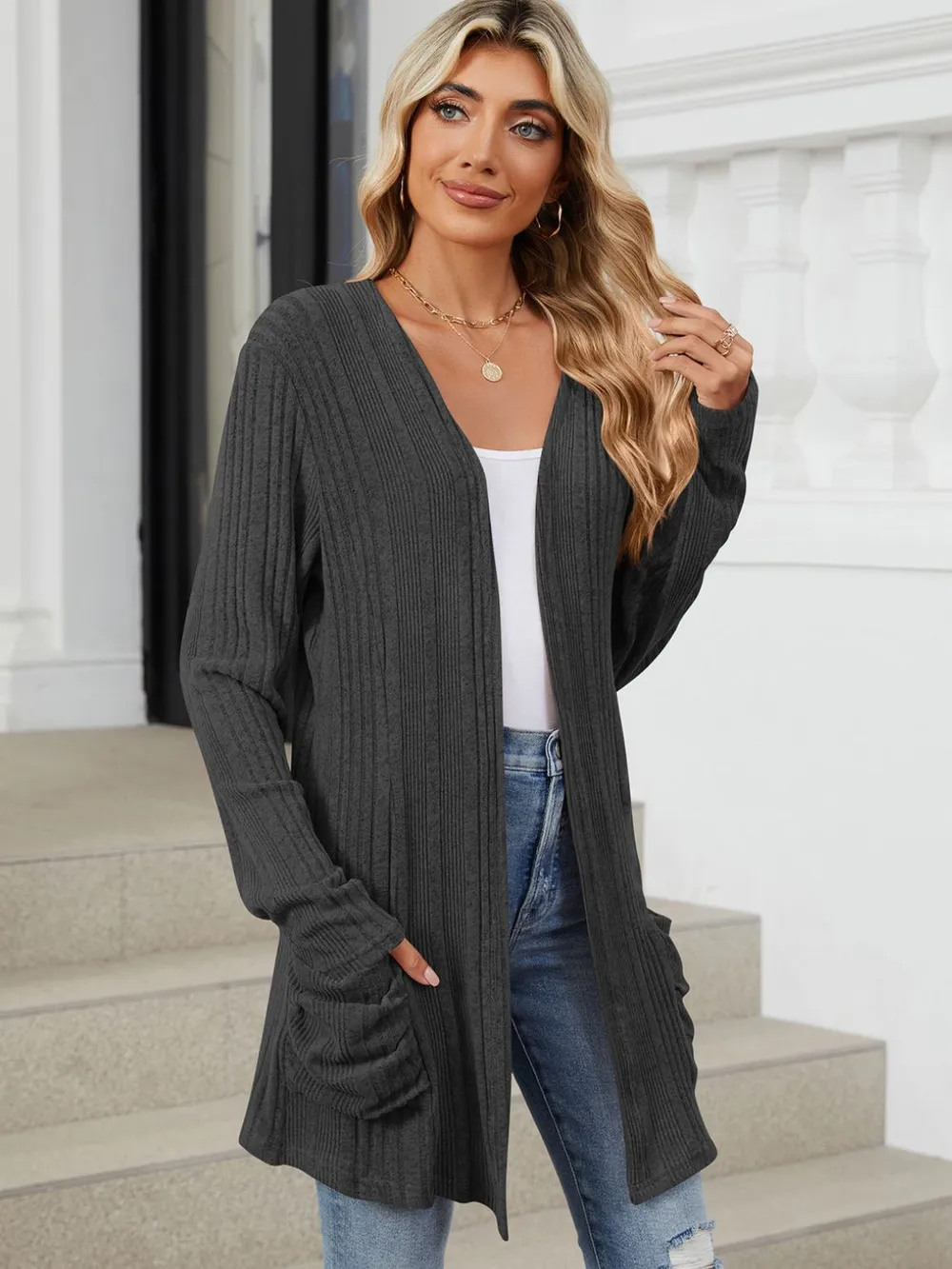 Pocketed Open Front Long Sleeve Cardigan, image 10