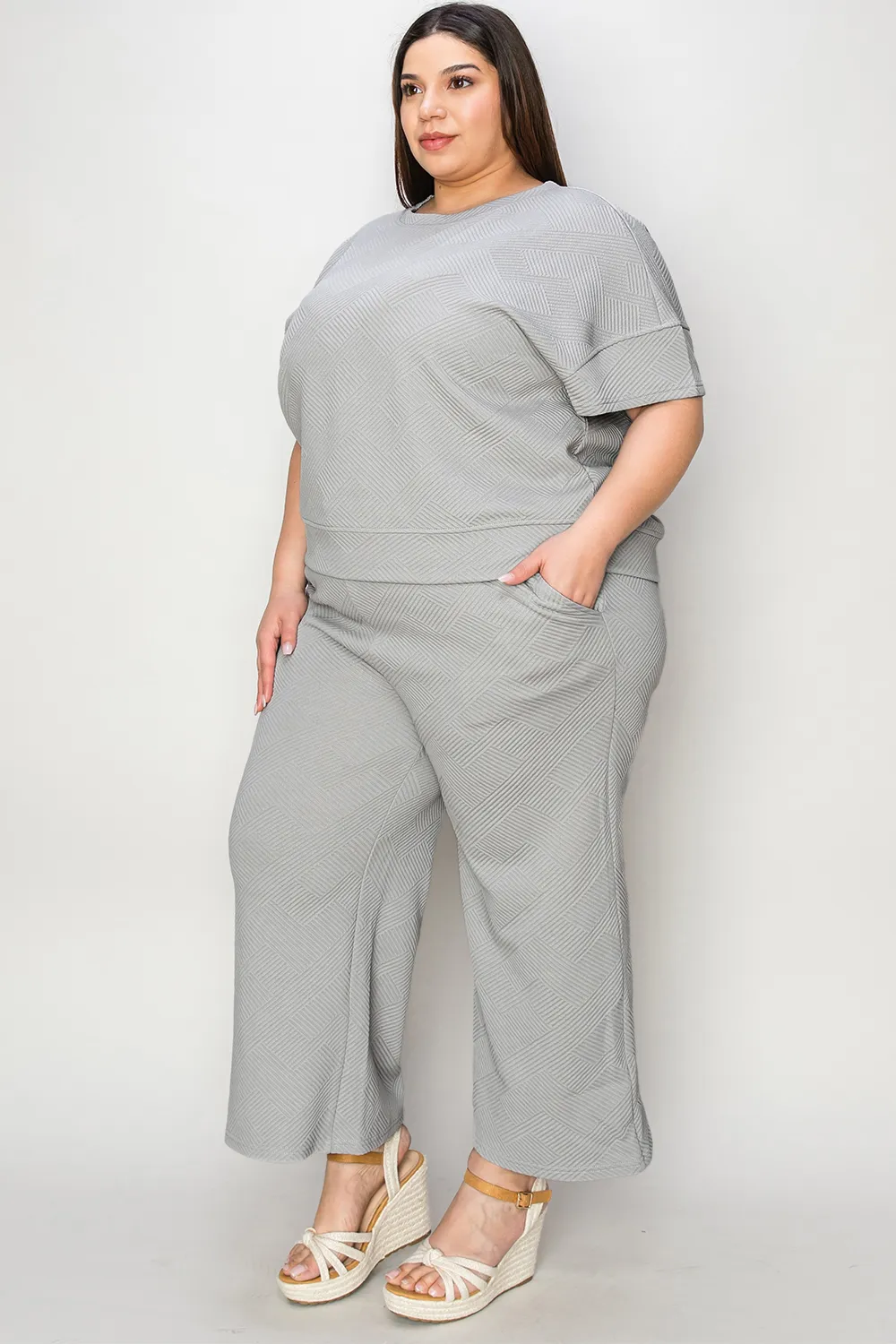 Full Size Texture Short Sleeve Top and Pants Set, image 19